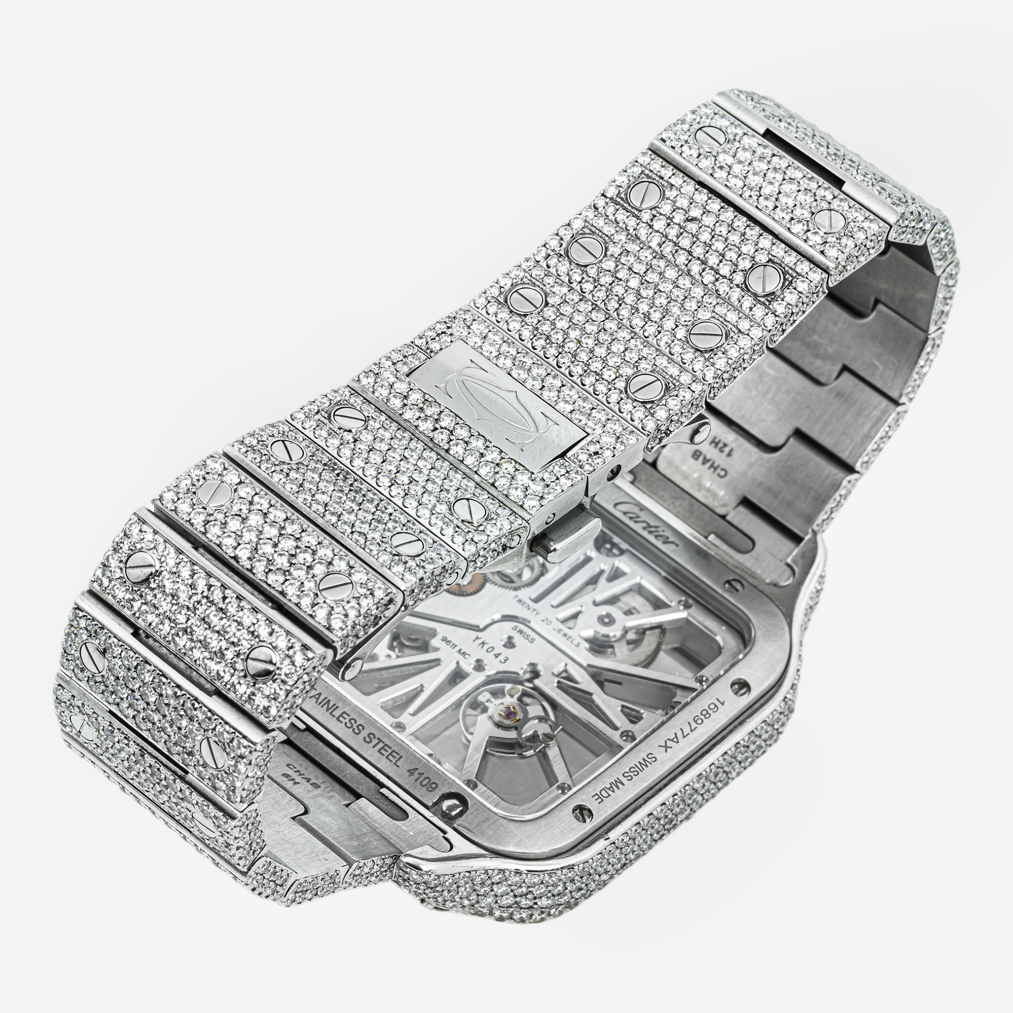 CARTIER SANTOS SKELETON FULL 18.75CT DIAMOND WATCH