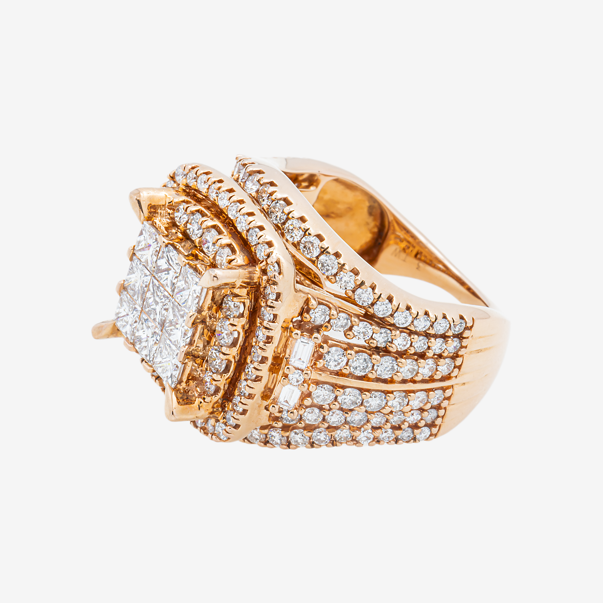 10K INVISIBLE SET SQUARE CLUSTER DIAMOND RING IN RG 3 CT DIAMONDS
