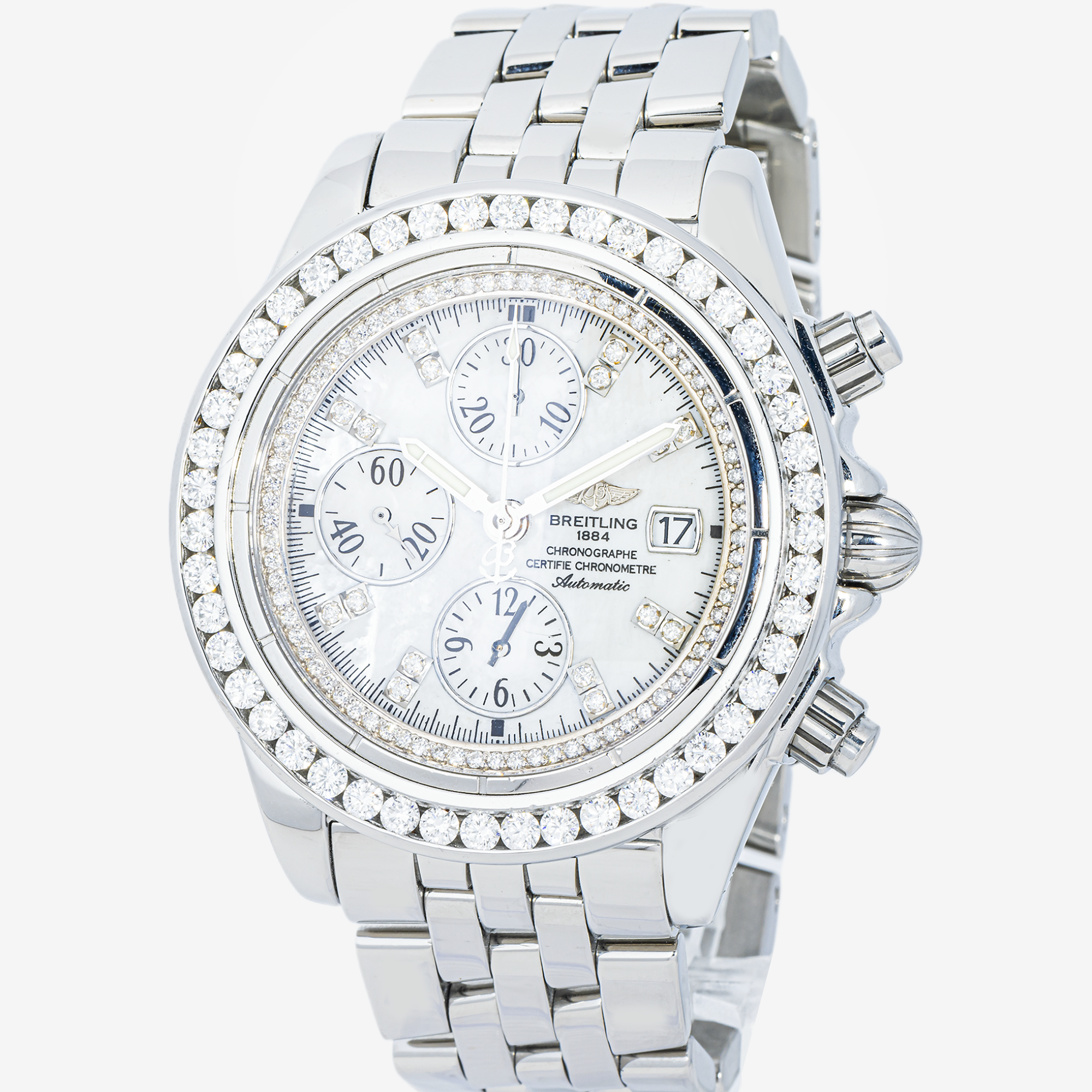 BREITLING SUPER AVENGER A11370 42MM WHITE DIAL WITH 10 CARAT DIAMOND BEZEL