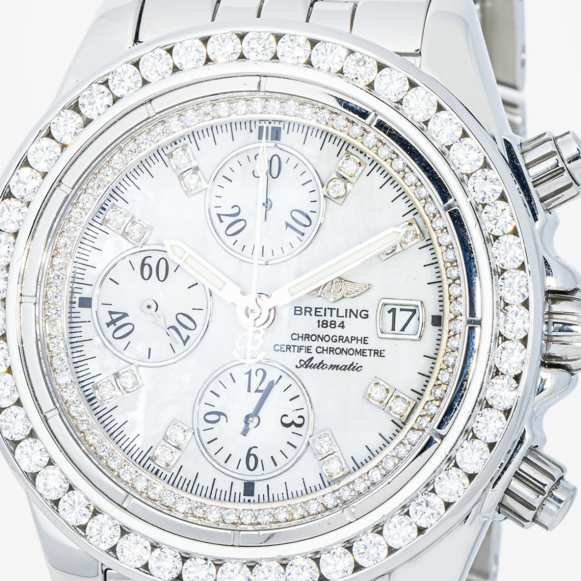 BREITLING SUPER AVENGER A11370 42MM WHITE DIAL WITH 10 CARAT DIAMOND BEZEL